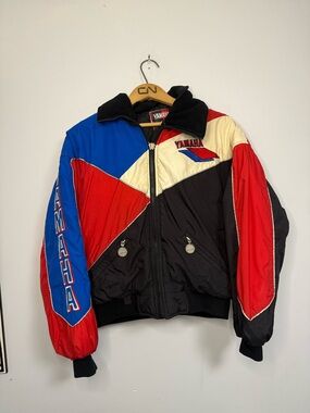 1980’s Yamaha Men's Colorblock Puffer Jacket in Black/Red/Blue Snowmobile